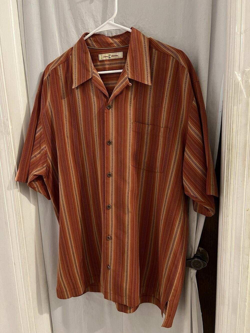 Tommy Bahama Brown Striped Silk Button Front Shirt Sleeve Shirt Sz L